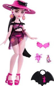 monster high scare-adise island draculaura doll with swimsuit, sarong & beach accessories like hat, sunscreen & tote