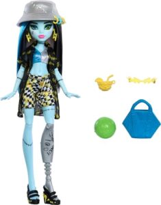 monster high scare-adise island frankie stein doll with swimsuit, coverup & beach accessories like hat, volleyball & tote