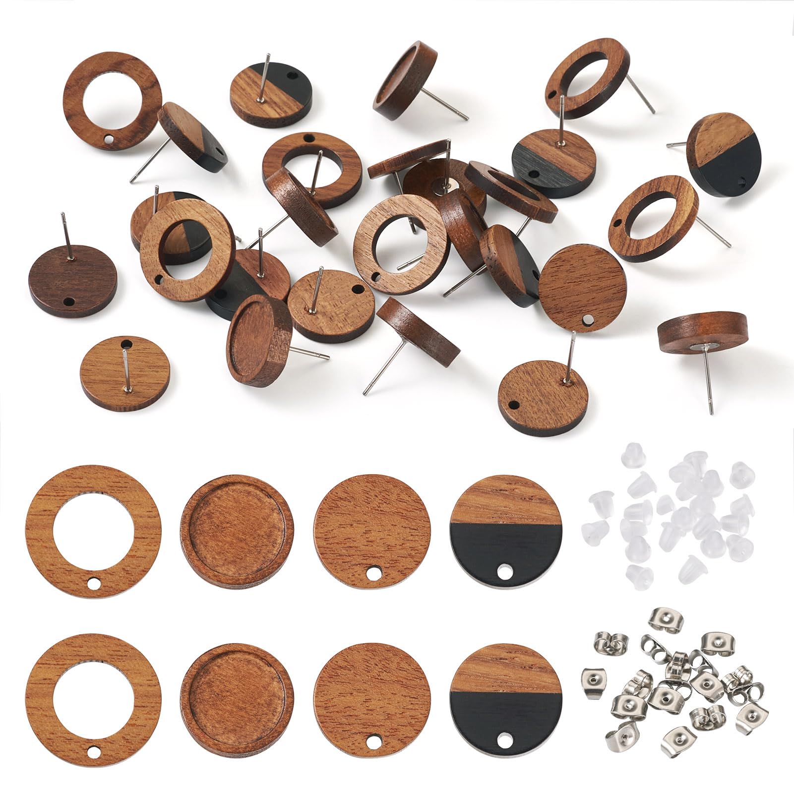 FASHEWELRY 32Pcs Wooden Earring Posts Wooden Earring Stud 15mm Flat Round Wooden Earring Blanks Earring Pin Studs Earring Findings for Jewelry Making