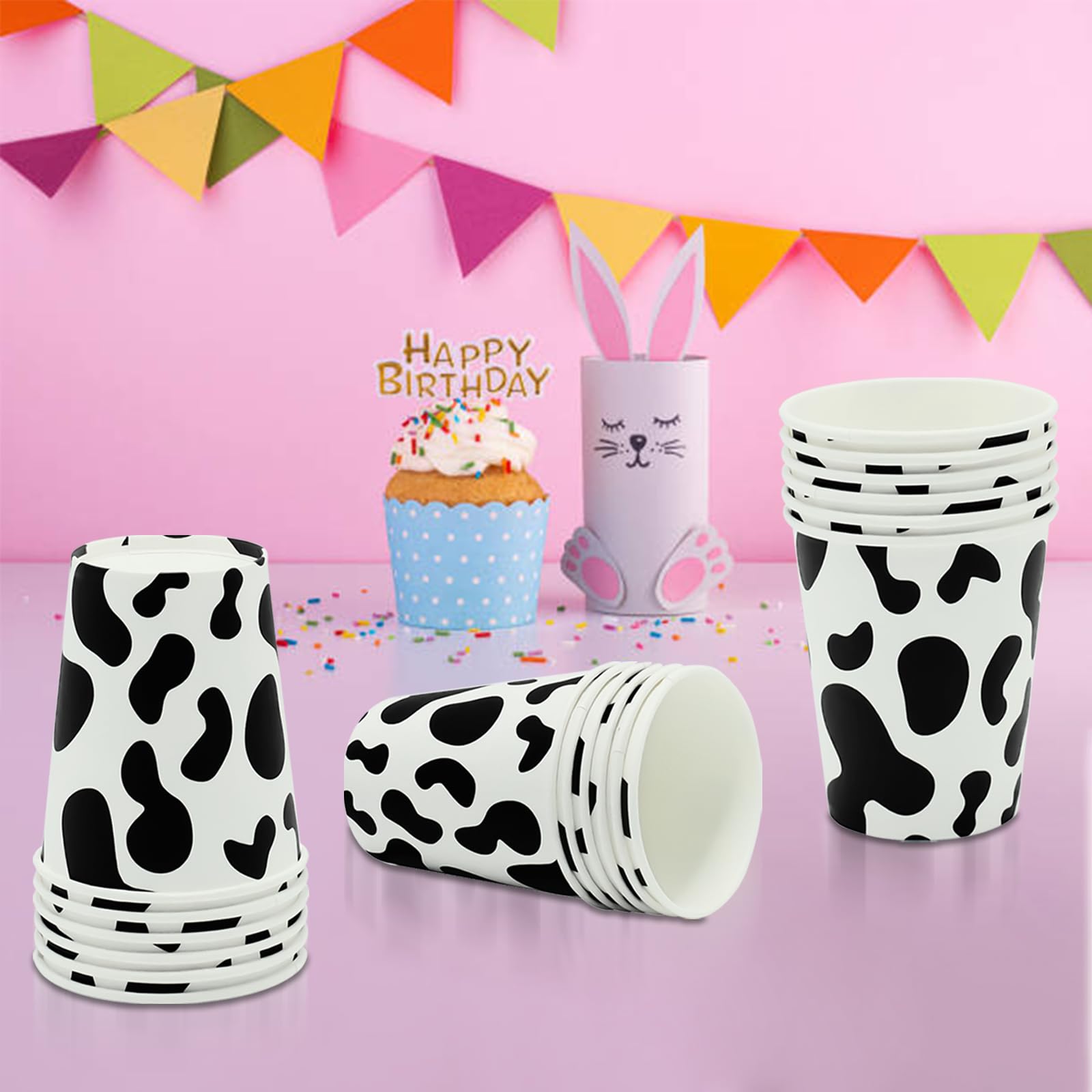 CONEHOY 60 Pcs Cow Cups Disposable Paper Juice Cups Western Cowboy Cow Cups Cow Theme Party Decorations for Birthday Party Baby Shower Farm Party Supplies (Black, White)