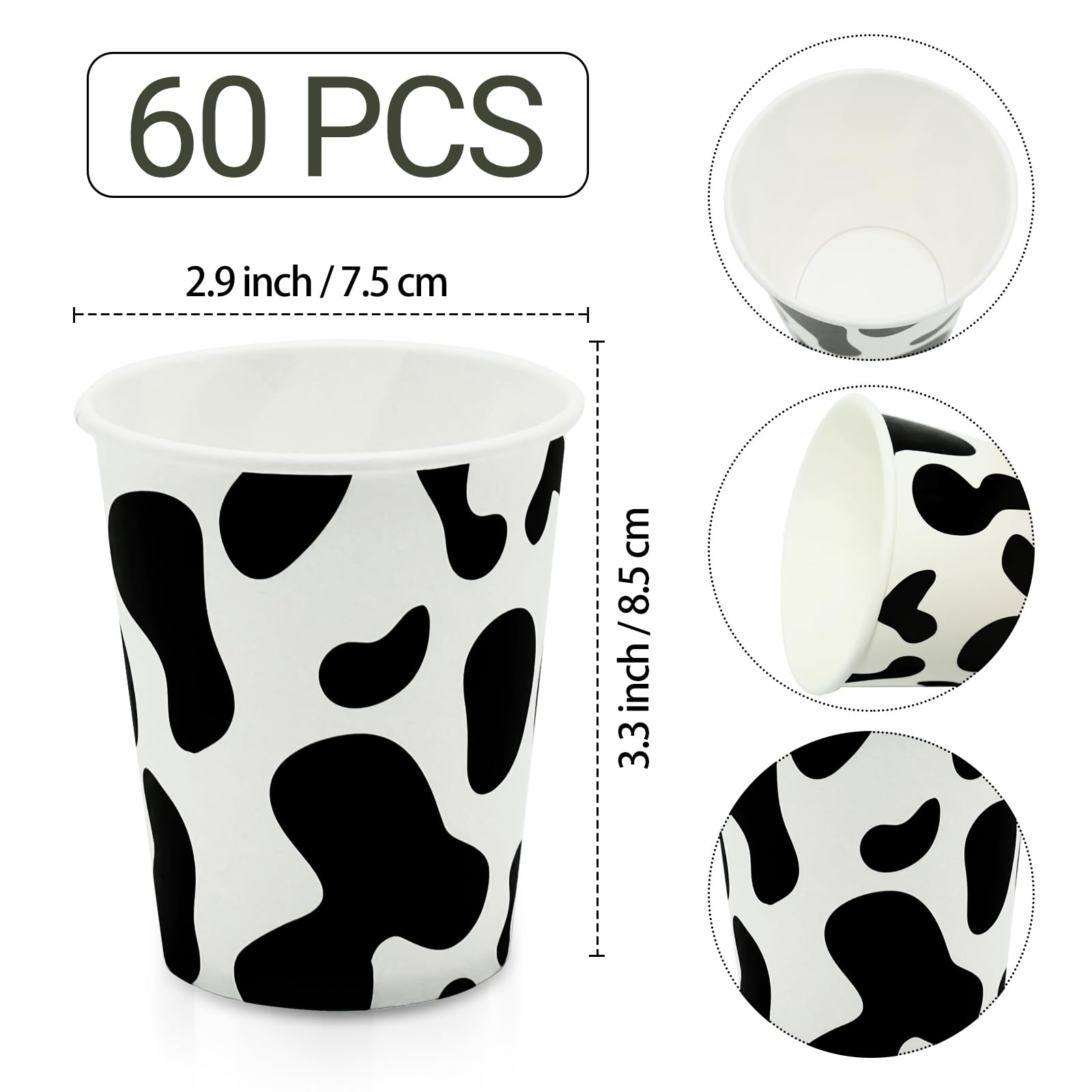 CONEHOY 60 Pcs Cow Cups Disposable Paper Juice Cups Western Cowboy Cow Cups Cow Theme Party Decorations for Birthday Party Baby Shower Farm Party Supplies (Black, White)