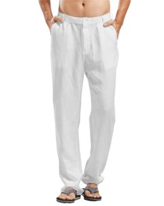 lvcbl men's linen pants straight leg linen trousers relaxed long pants with pockets,white,xl