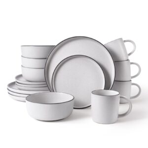 mtlwtl dinnerware sets, dish set for 4, kitchen plates and bowls set with mugs, microwave, oven & dishwasher safe, white sesame 16 pieces