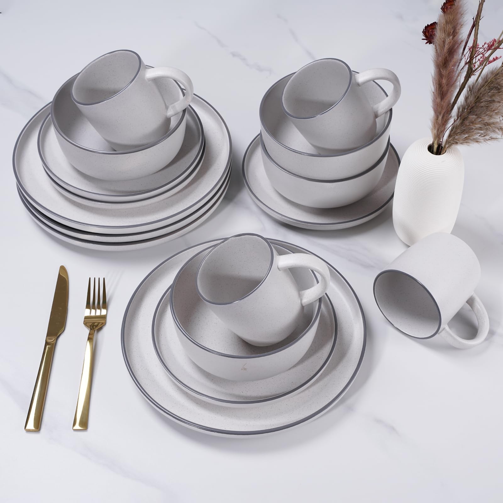 MTLWTL Dinnerware Sets, Dish Set for 4, Kitchen Plates and Bowls Set with Mugs, Microwave, Oven & Dishwasher Safe, White Sesame 16 Pieces