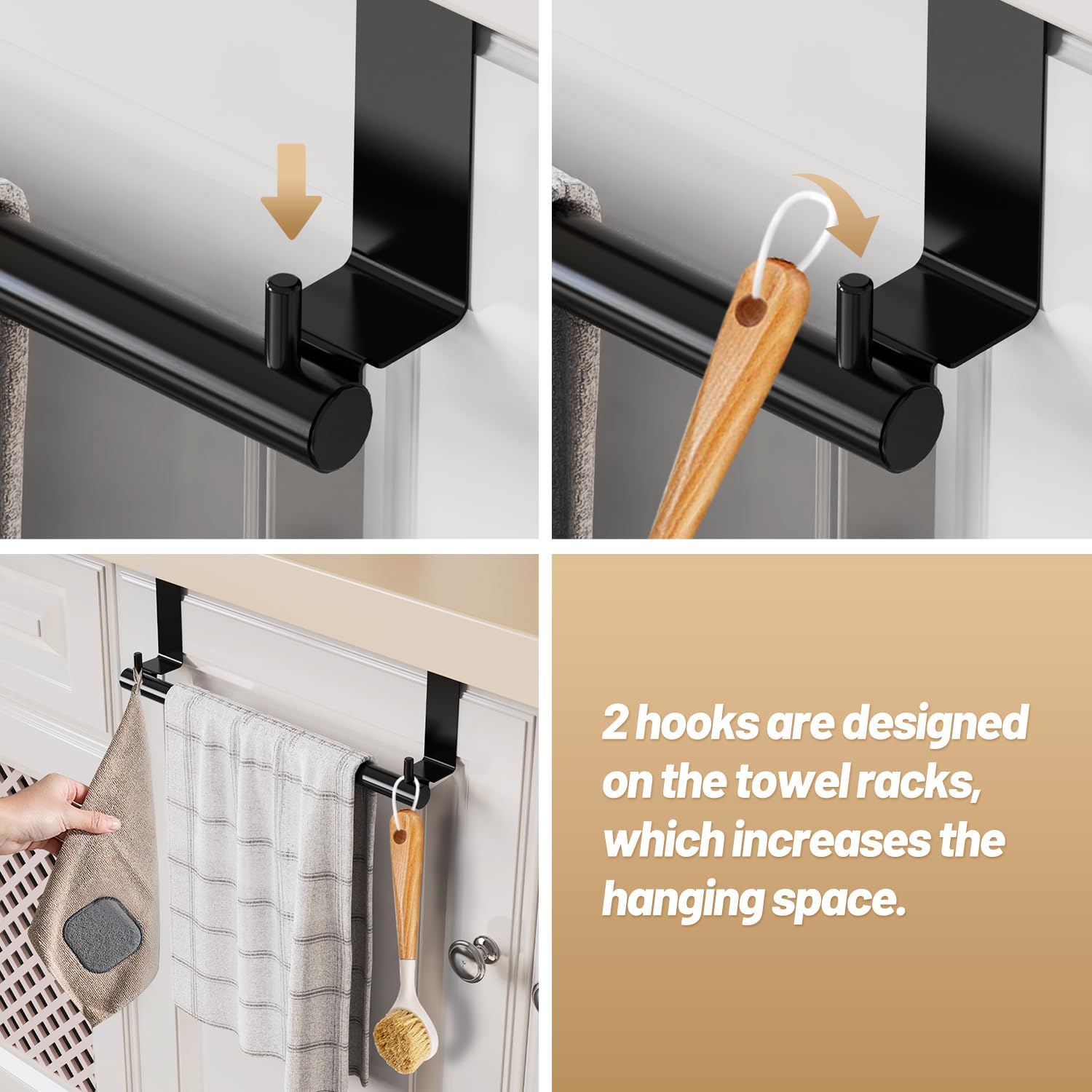 VEHHE Over Door Towel Rack-2pcs, 12.7-Inches, Cabinet Towel Holder with Eva Foam Pads, Over Cabinet Towel Bar with 2 Hooks, Dish Towel Holder with Extra Hanging Space (Black)