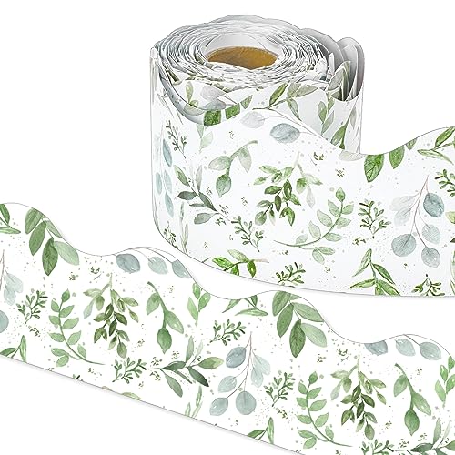 AnyDesign 65Ft Greenery Bulletin Borders Watercolor Eucalyptus Leaf Decorative Trim Border Green Leaves Board Trim for School Wall Blackboard Classroom DIY Crafts, 1 Roll