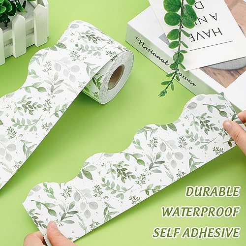 AnyDesign 65Ft Greenery Bulletin Borders Watercolor Eucalyptus Leaf Decorative Trim Border Green Leaves Board Trim for School Wall Blackboard Classroom DIY Crafts, 1 Roll