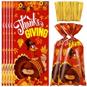 zhanmai 100 pcs thanksgiving fall cellophane bags maple leaves goodie treat bags autumn pumpkin candy bags with 150 gold twist ties for thanksgiving fall party supplies gift wrapping (classic style)