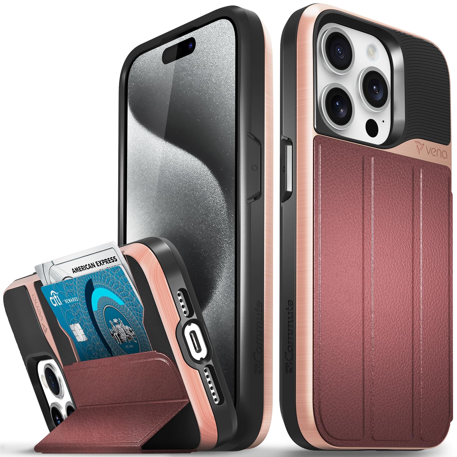 VENA vCommute Wallet Case for Apple iPhone 15 Pro (6.1"), (Military Grade Drop Protection) Flip Leather Cover Card Slot Holder with Kickstand - Rose Gold/Red