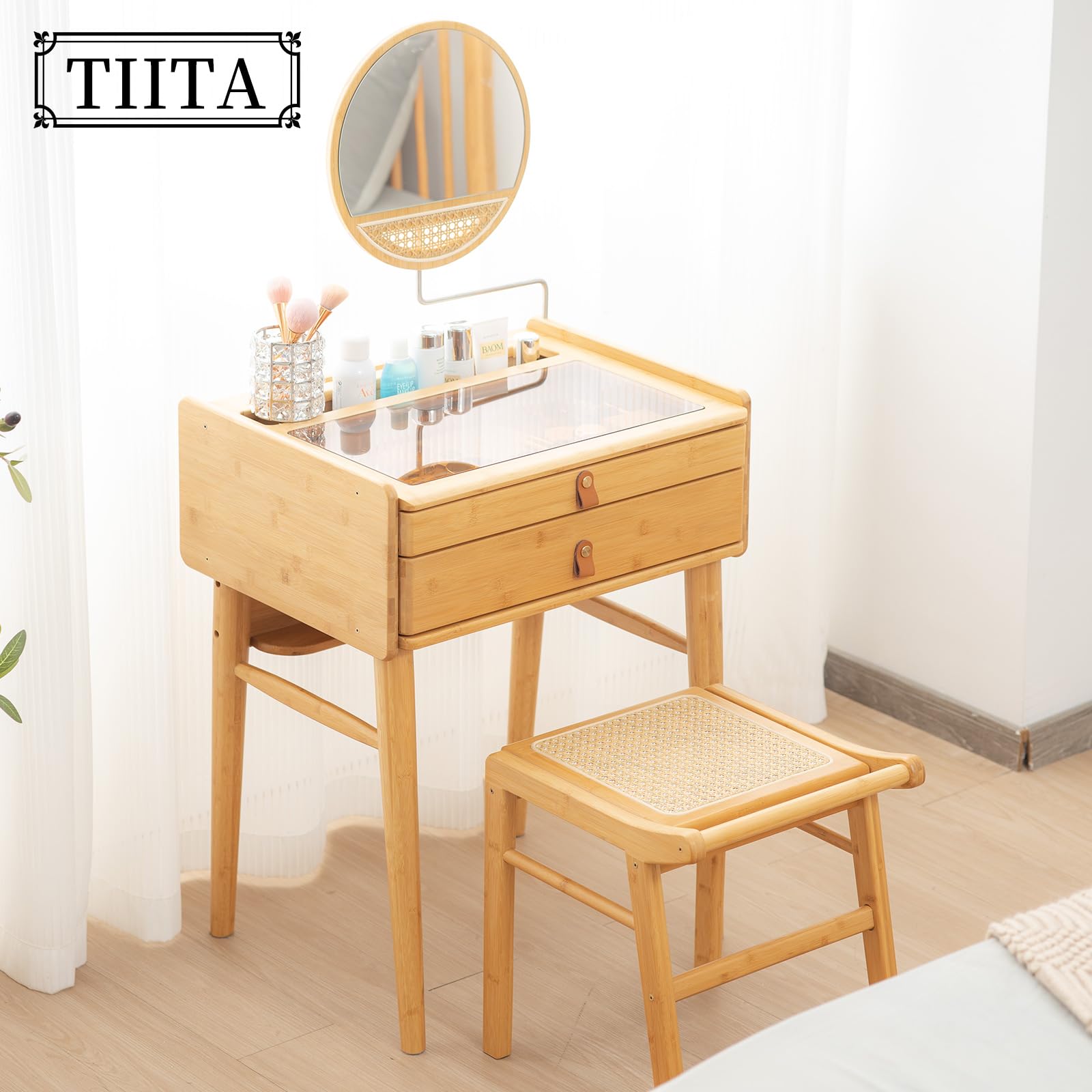 Tiita Vanity Desk, Makeup Vanity Table with Mirror, Dressing Table with 2 Drawers,Modern Wood Bedroom Vanity Vintage Dressing Table for Women Girls