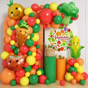 vegetable party decorations, red green yellow orange balloon arch garland kit mixed carrot orange broccoli tomato corn foil balloons for baby shower summer birthday tutti frutti party decorations