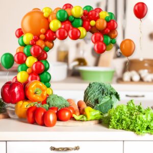 Vegetable Party Decorations, Red Green Yellow Orange Balloon Arch Garland Kit Mixed Carrot Orange Broccoli Tomato Corn Foil Balloons for Baby Shower Summer Birthday Tutti Frutti Party Decorations