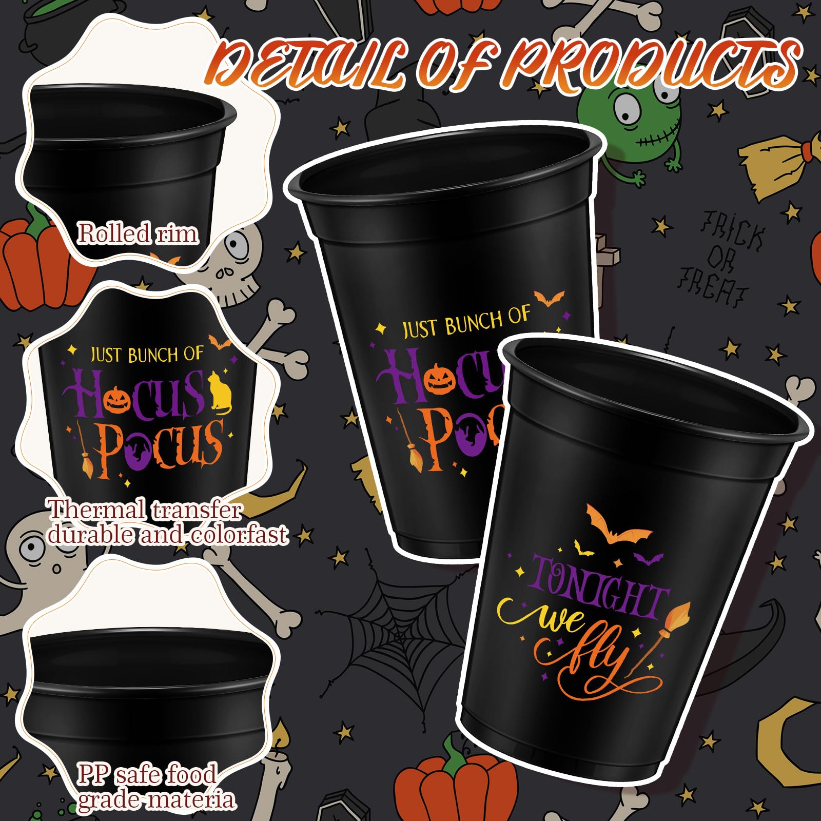 Jinei Disposable Halloween Cups 16 oz Halloween Plastic Party Cups for Halloween Party Decoration Coffee Wine and Hot Cold Drinks for a Halloween Party Favors, Black (200 Pcs)