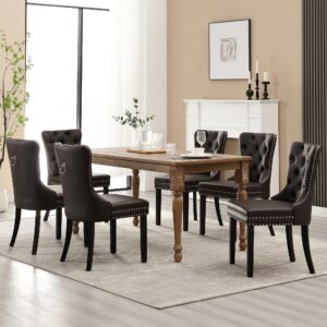 KCC Faux Leather Dining Chairs Set of 4, Upholstered High-end Tufted Dining Room Chair with Nailhead Back Ring Pull Trim Solid Wood Legs, Contemporary Nikki Collection Modern Style for Kitchen, Brown