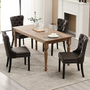 KCC Faux Leather Dining Chairs Set of 4, Upholstered High-end Tufted Dining Room Chair with Nailhead Back Ring Pull Trim Solid Wood Legs, Contemporary Nikki Collection Modern Style for Kitchen, Brown