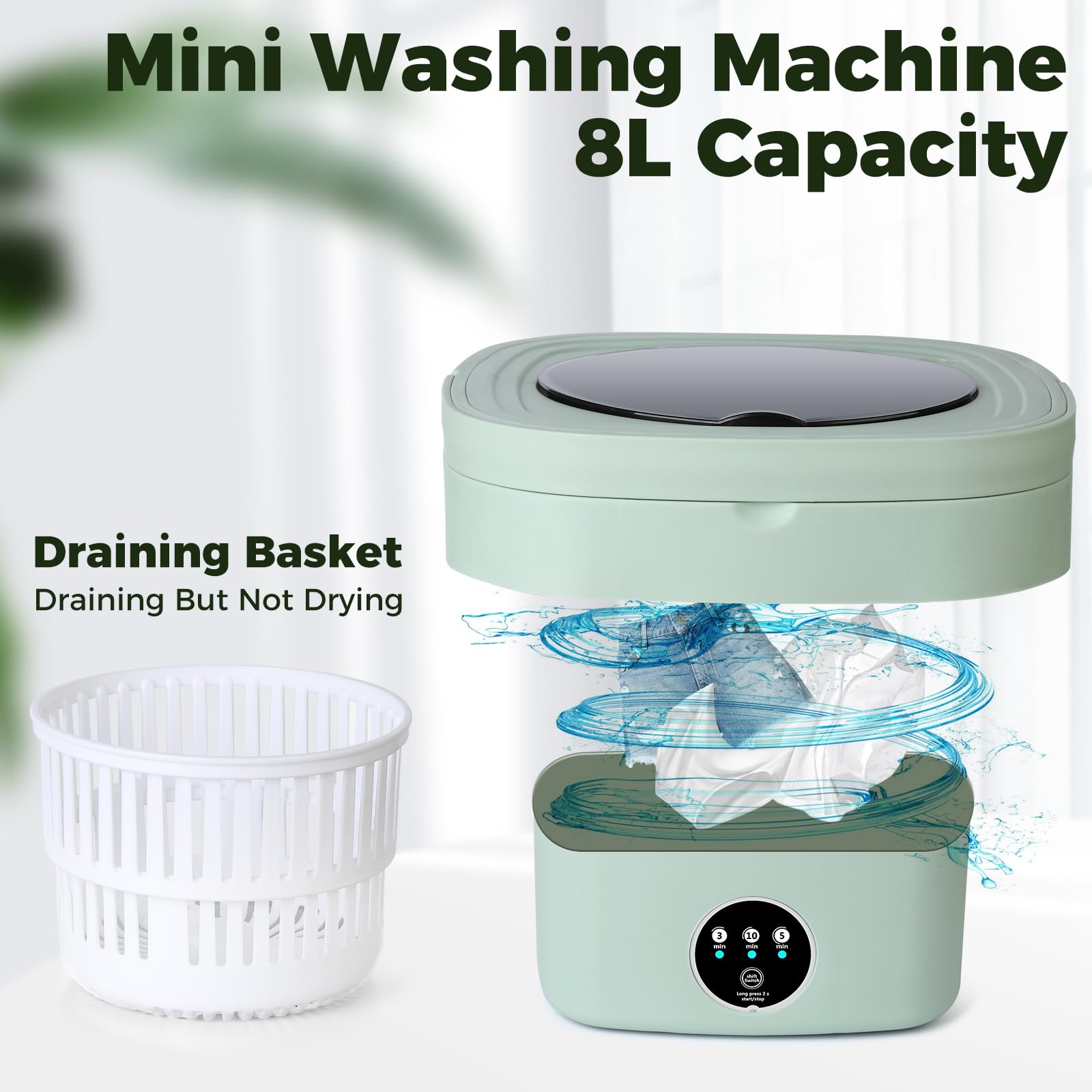 Portable Washing Machine, 8L Mini Washing Machine with 3 Modes Timing Cleaning, Portable Washer with Soft Spin and Draining for Socks, Baby Clothes, Towels and Small Items