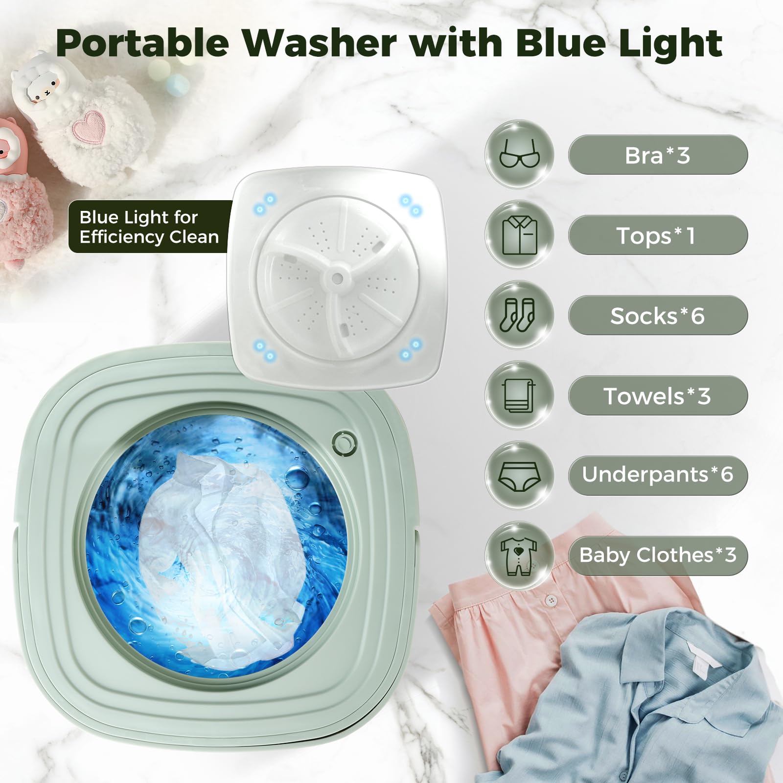 Portable Washing Machine, 8L Mini Washing Machine with 3 Modes Timing Cleaning, Portable Washer with Soft Spin and Draining for Socks, Baby Clothes, Towels and Small Items