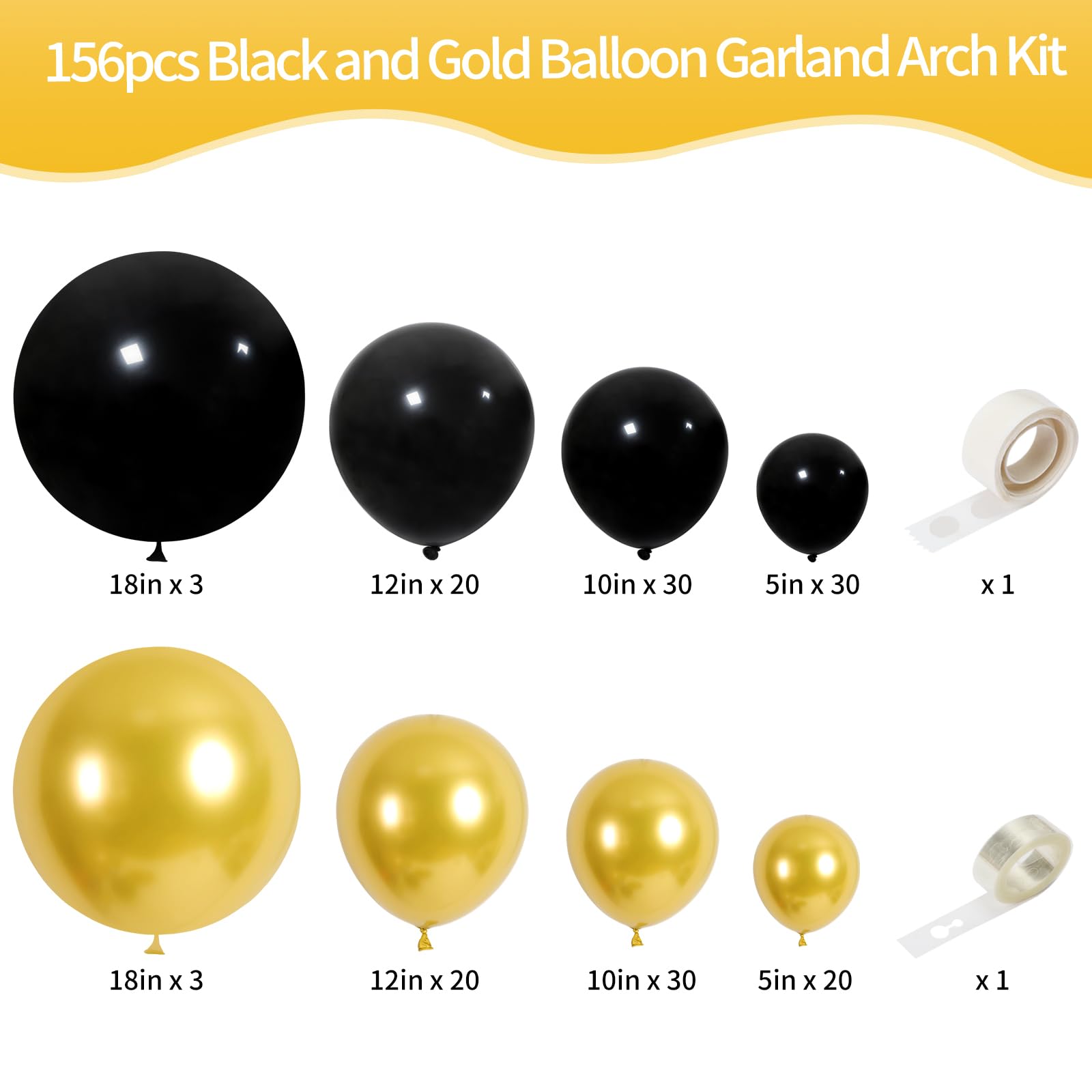 RUBFAC 156Pcs Black and Gold Balloons Arch Garland Kit, 5/10/12/18 Inch Latex Balloons Set for Graduation Birthday Party Wedding Anniversary Decorations