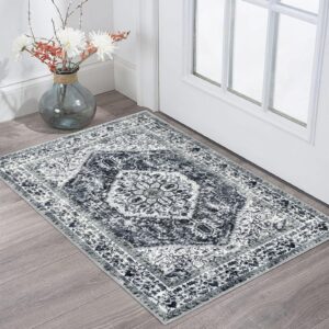 KOZYFLY Small Area Rug 2x3 Ft Rugs for Entryway Washable Boho Entry Rug Non Slip Door Mat Indoor Entrance Grey Faux Wool Vintage Printed Kitchen Rug Throw Rugs for Entrance Kitchen Bathroom