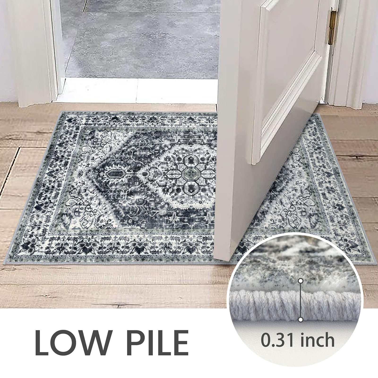 KOZYFLY Small Area Rug 2x3 Ft Rugs for Entryway Washable Boho Entry Rug Non Slip Door Mat Indoor Entrance Grey Faux Wool Vintage Printed Kitchen Rug Throw Rugs for Entrance Kitchen Bathroom