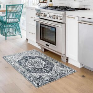 KOZYFLY Small Area Rug 2x3 Ft Rugs for Entryway Washable Boho Entry Rug Non Slip Door Mat Indoor Entrance Grey Faux Wool Vintage Printed Kitchen Rug Throw Rugs for Entrance Kitchen Bathroom