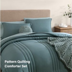 Monbix Queen Size Comforter Set, 7 Piece Bedding Set, All Seasons Fluffy Queen Bed in A Bag with Sheets (Dark Green, 90''x90'')