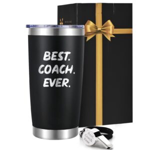 gingprous coach gifts tumbler, best coach ever stainless steel laser etched travel tumbler with lid and whistle, baseball volleyball soccer basketball coach appreciation gifts tumbler(20oz, black)