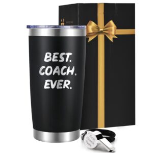 GINGPROUS Coach Gifts Tumbler, Best Coach Ever Stainless Steel Laser Etched Travel Tumbler with Lid and Whistle, Baseball Volleyball Soccer Basketball Coach Appreciation Gifts Tumbler(20oz, Black)