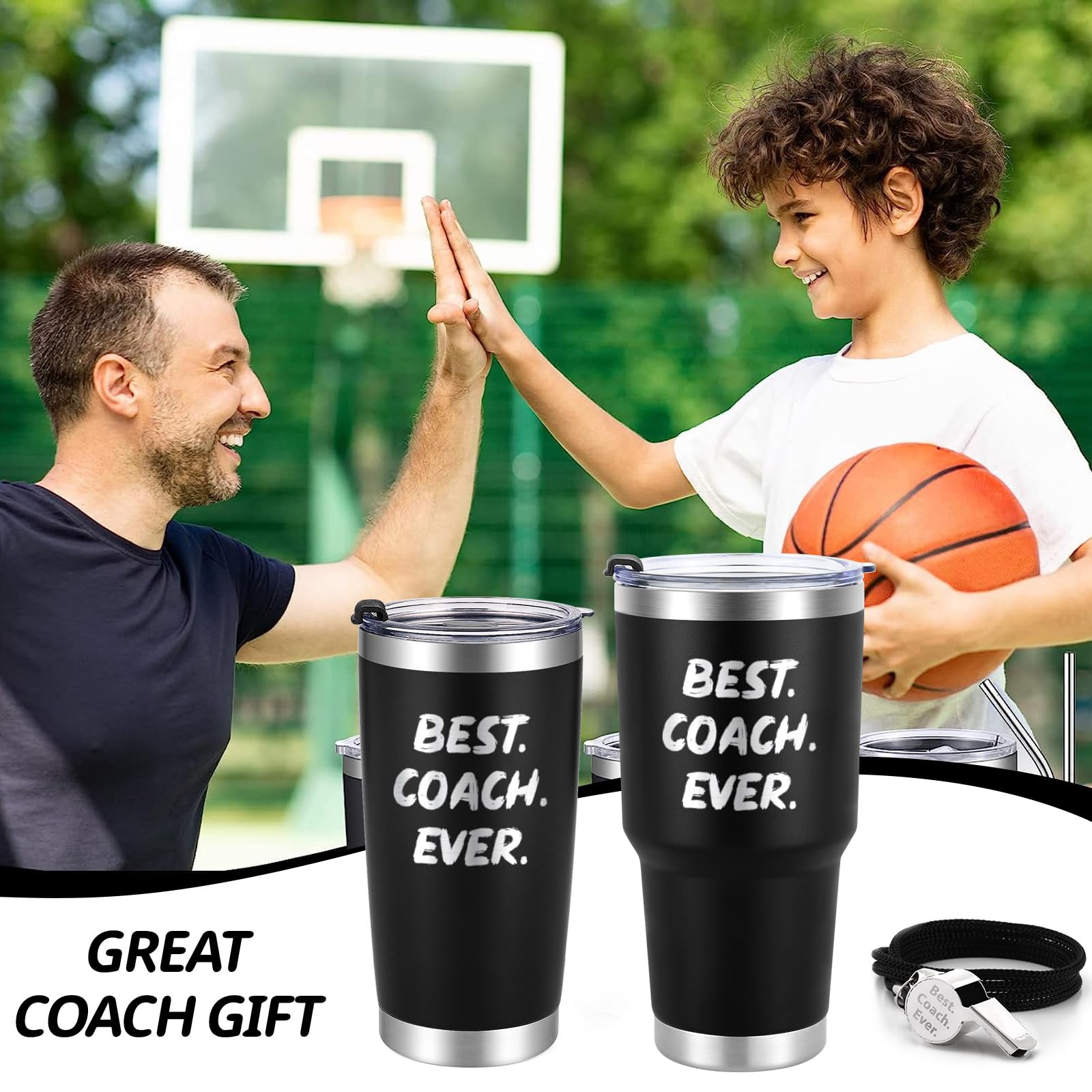 GINGPROUS Coach Gifts Tumbler, Best Coach Ever Stainless Steel Laser Etched Travel Tumbler with Lid and Whistle, Baseball Volleyball Soccer Basketball Coach Appreciation Gifts Tumbler(20oz, Black)