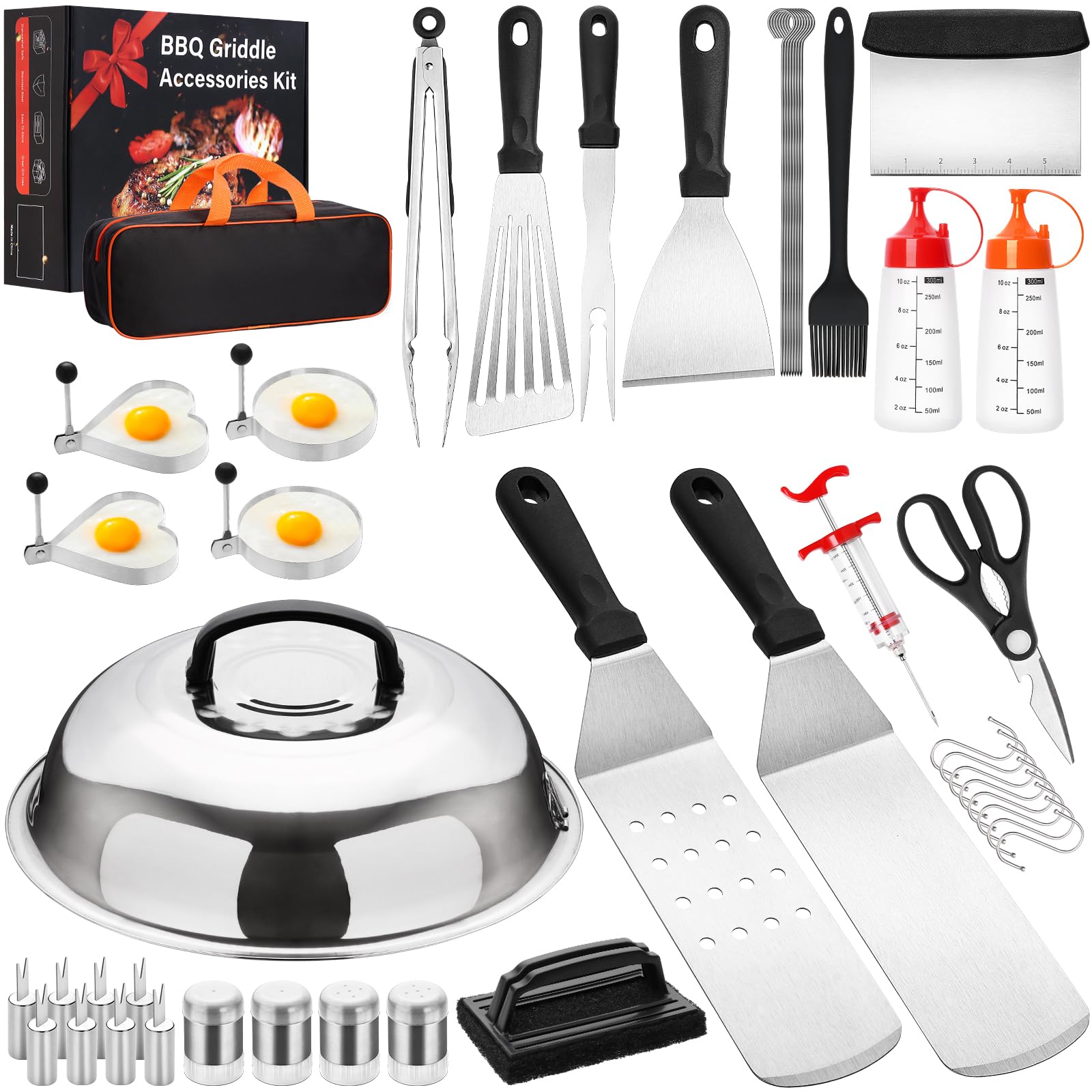 Blackstone Griddle Accessories Tool Kit, AIKWI 47-Piece Flat Top Grill Commercial Grade Set with Enlarged Spatula, Basting Cover, Scraper, Scissors, Tongs for Outdoor BBQ