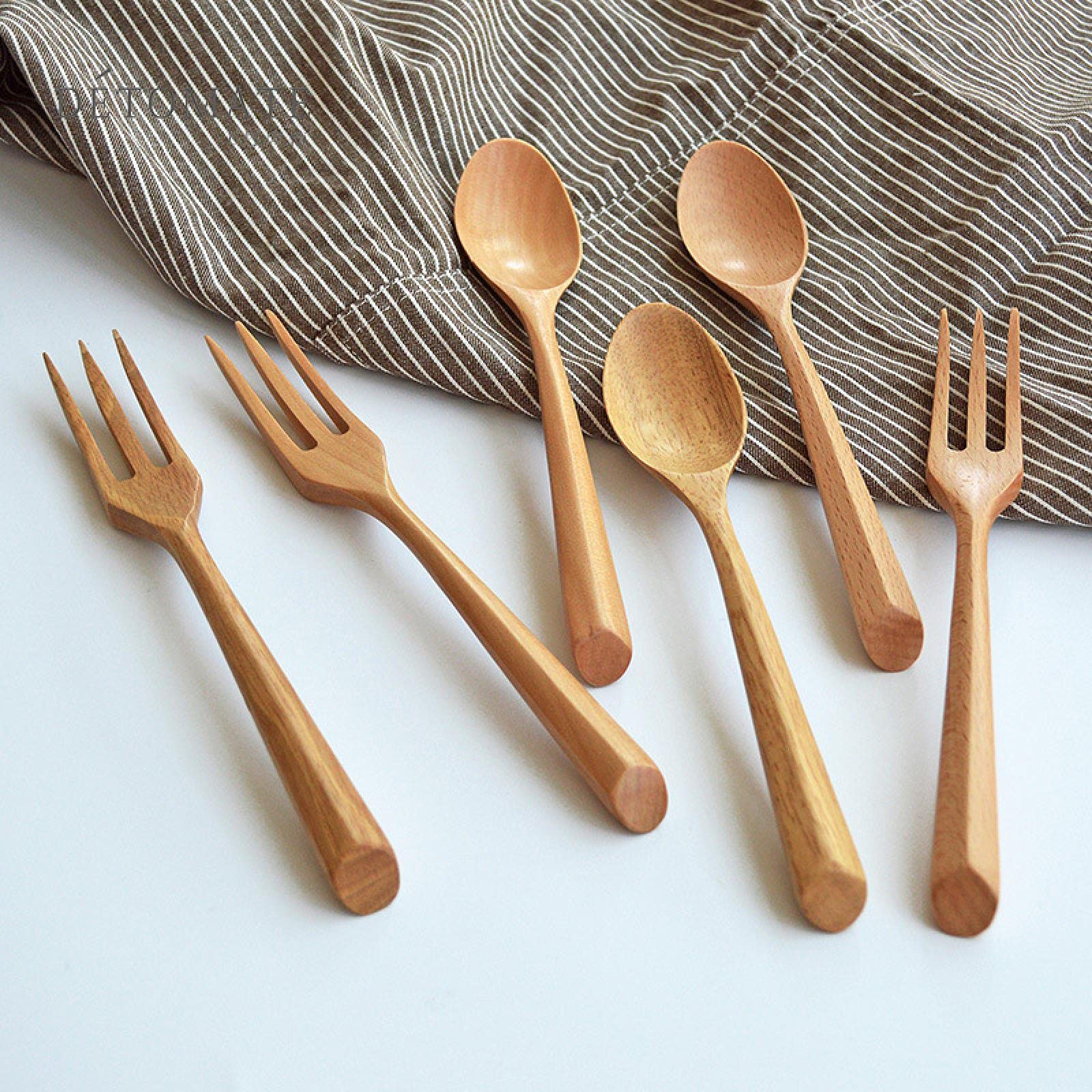 Triangular Handle Wooden Spoon Fork Set Dessert Wooden Spoon Wooden Fork Student Portable Spoon Fork