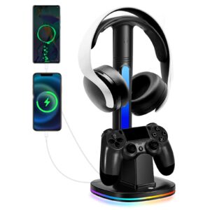 ps4 controller charger with rgb headphone stand, jdgpokoo ps4 controller charger dock station with 2 usb charging ports, headset stand for playstation 4 charging station, black