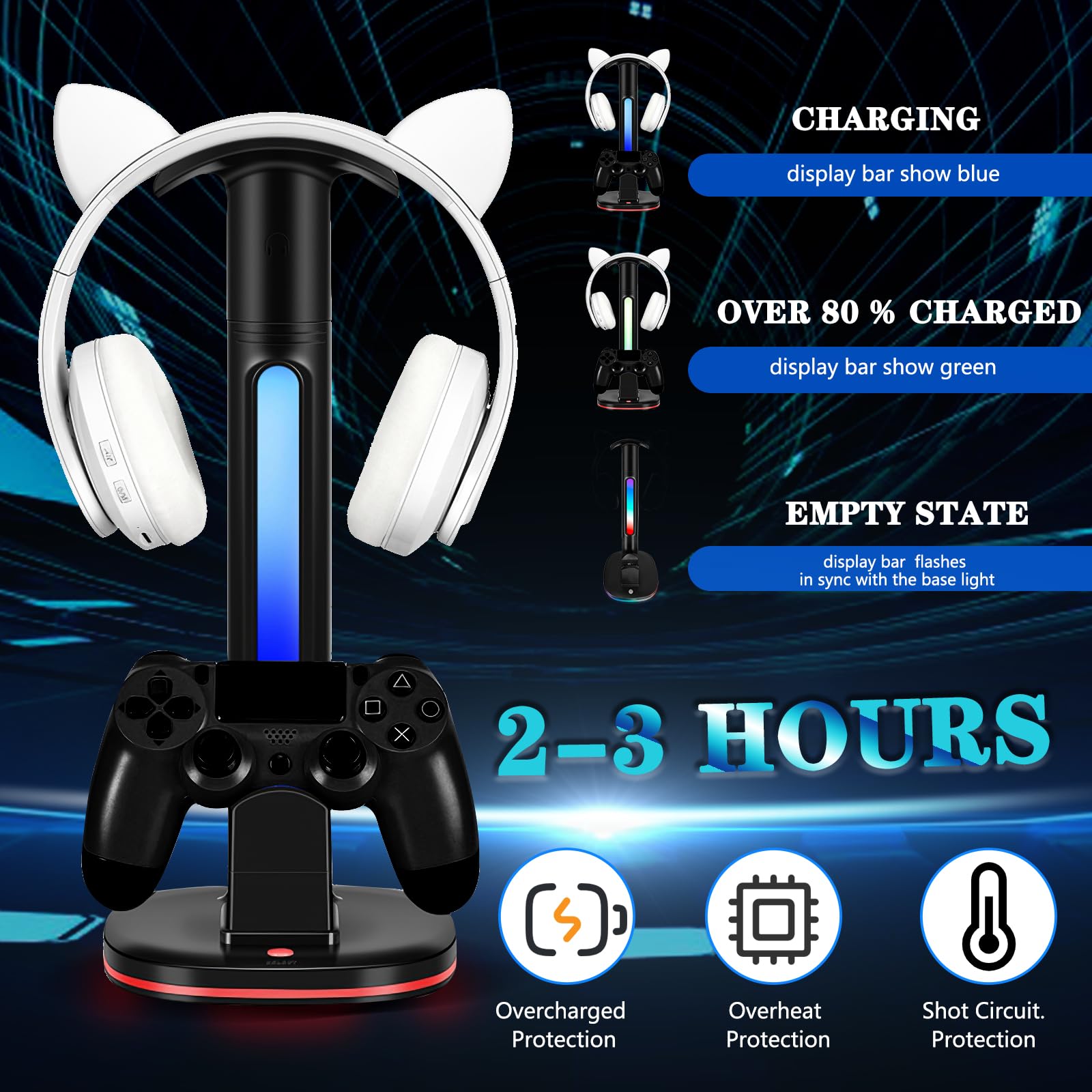 PS4 Controller Charger with RGB Headphone Stand, JDGPOKOO PS4 Controller Charger Dock Station with 2 USB Charging Ports, Headset Stand for Playstation 4 Charging Station, Black