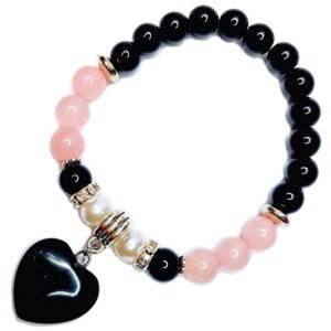 Onyx Heart Charm Bracelet GENUINE NATURAL STONES Handmade Bracelet Black Onyx Pearls Rose Quartz Powerful HEART CHAKRA Stone Birthstone Bracelet USA HANDMADE