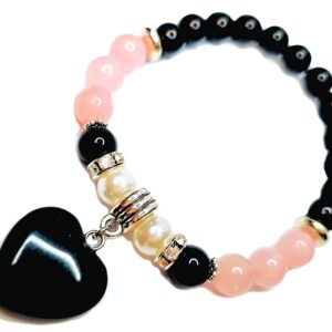 Onyx Heart Charm Bracelet GENUINE NATURAL STONES Handmade Bracelet Black Onyx Pearls Rose Quartz Powerful HEART CHAKRA Stone Birthstone Bracelet USA HANDMADE