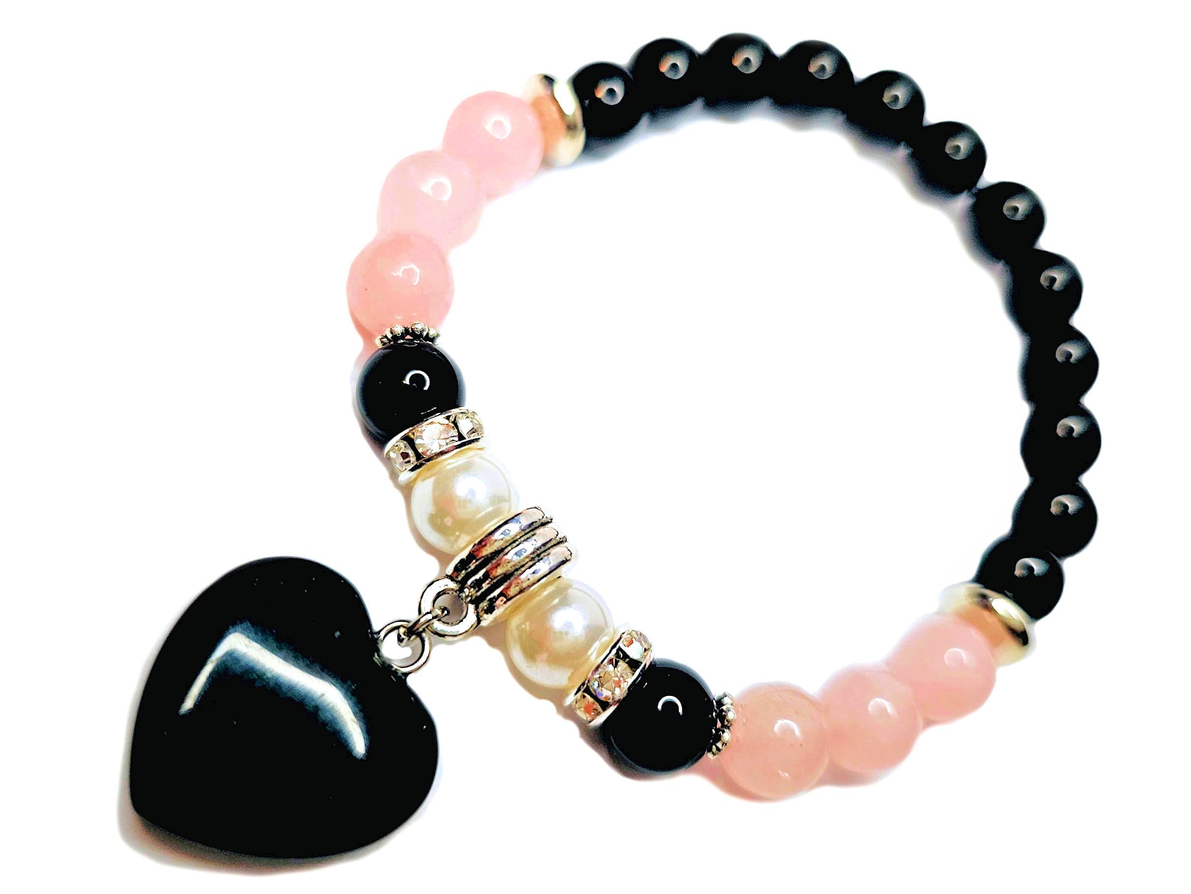 Onyx Heart Charm Bracelet GENUINE NATURAL STONES Handmade Bracelet Black Onyx Pearls Rose Quartz Powerful HEART CHAKRA Stone Birthstone Bracelet USA HANDMADE