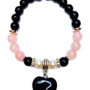 Onyx Heart Charm Bracelet GENUINE NATURAL STONES Handmade Bracelet Black Onyx Pearls Rose Quartz Powerful HEART CHAKRA Stone Birthstone Bracelet USA HANDMADE