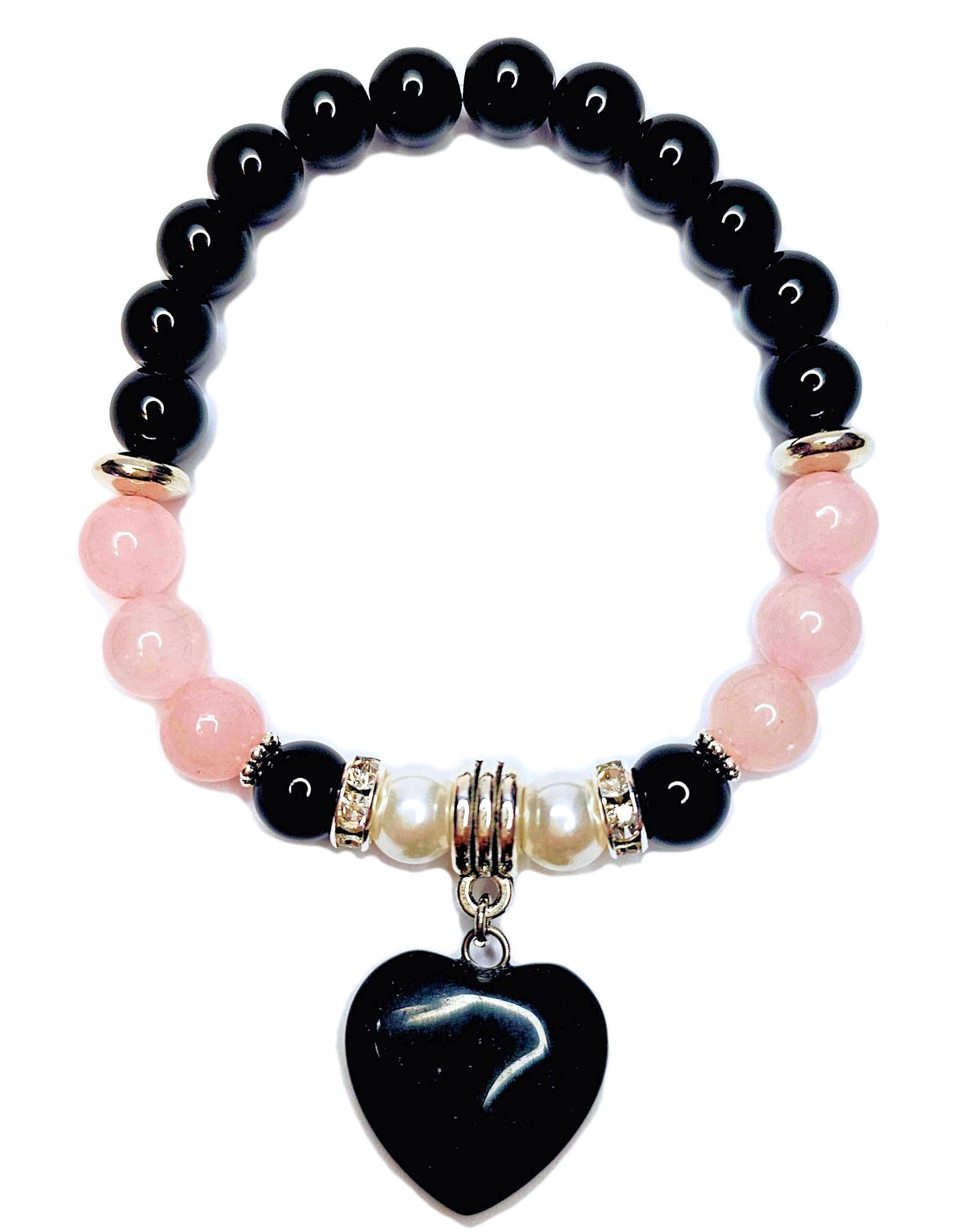 Onyx Heart Charm Bracelet GENUINE NATURAL STONES Handmade Bracelet Black Onyx Pearls Rose Quartz Powerful HEART CHAKRA Stone Birthstone Bracelet USA HANDMADE