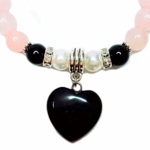 Onyx Heart Charm Bracelet GENUINE NATURAL STONES Handmade Bracelet Black Onyx Pearls Rose Quartz Powerful HEART CHAKRA Stone Birthstone Bracelet USA HANDMADE