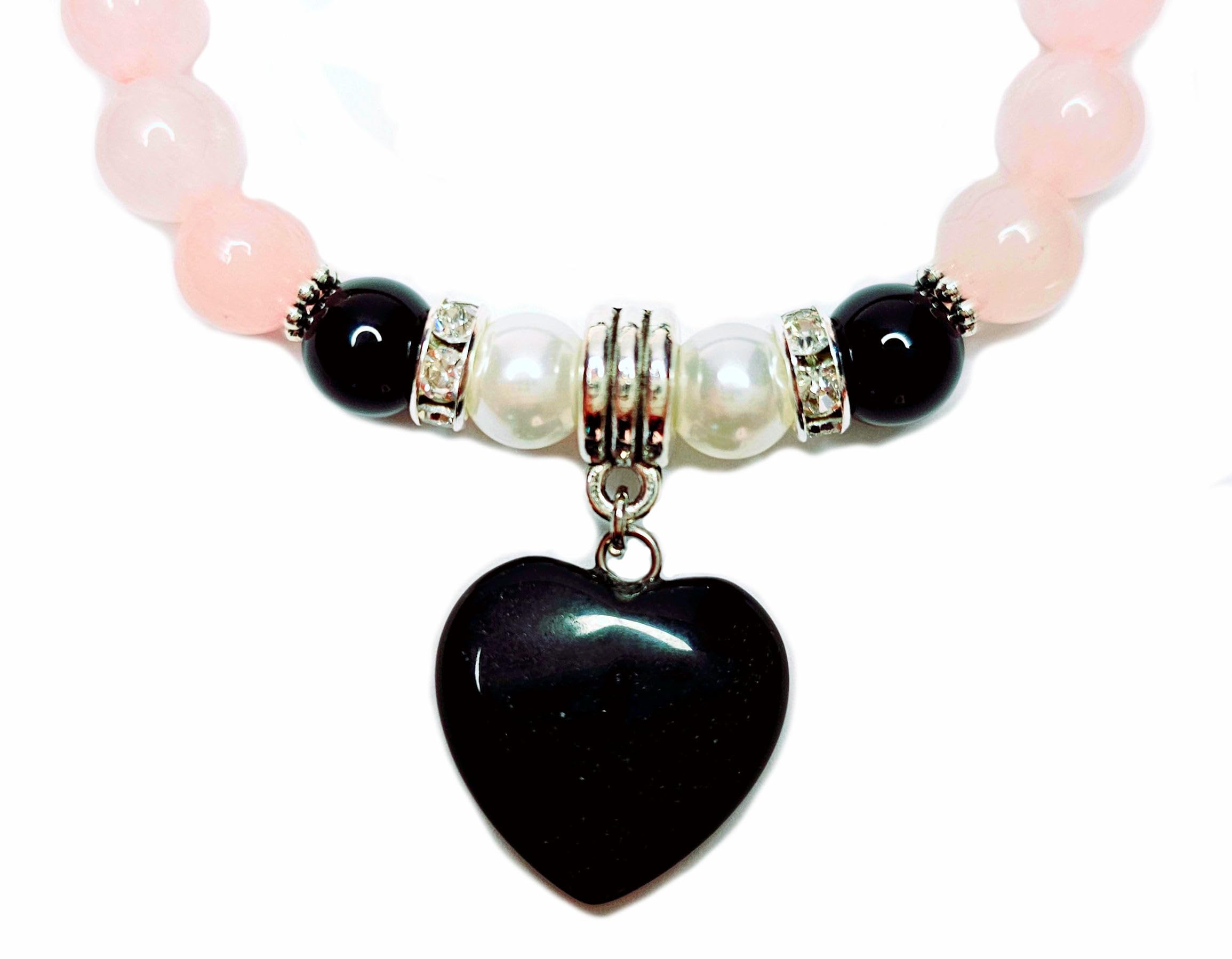 Onyx Heart Charm Bracelet GENUINE NATURAL STONES Handmade Bracelet Black Onyx Pearls Rose Quartz Powerful HEART CHAKRA Stone Birthstone Bracelet USA HANDMADE