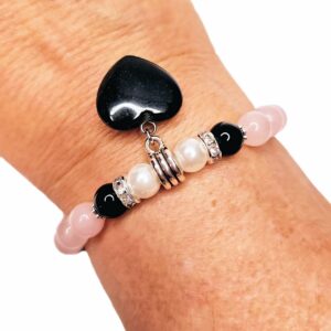 Onyx Heart Charm Bracelet GENUINE NATURAL STONES Handmade Bracelet Black Onyx Pearls Rose Quartz Powerful HEART CHAKRA Stone Birthstone Bracelet USA HANDMADE