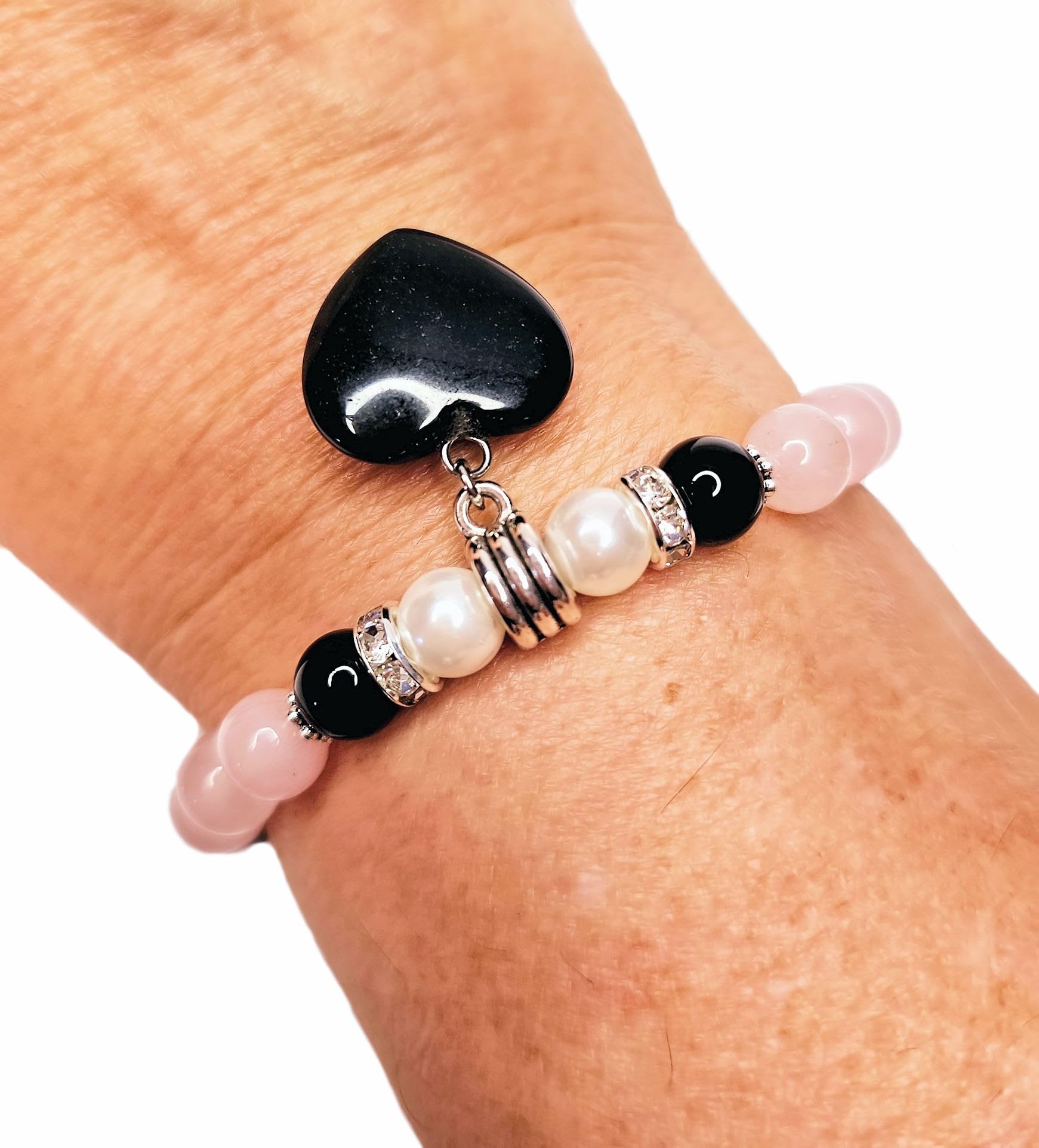 Onyx Heart Charm Bracelet GENUINE NATURAL STONES Handmade Bracelet Black Onyx Pearls Rose Quartz Powerful HEART CHAKRA Stone Birthstone Bracelet USA HANDMADE