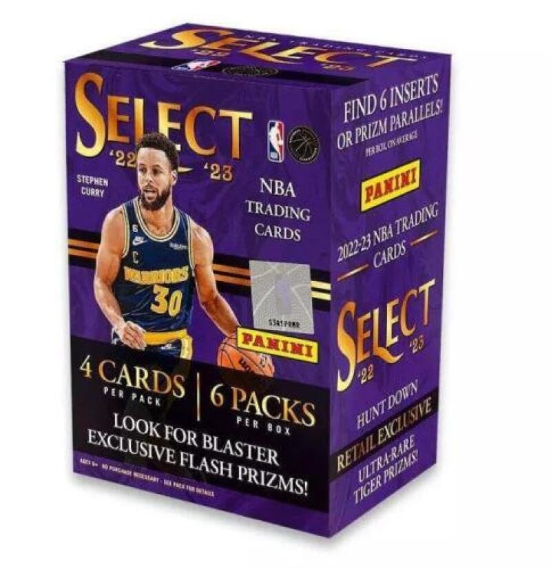 2022-23 Panini Select NBA Basketball Factory Sealed Blaster Box 6 Packs of 4 Cards, 24 Cards in all. Find 6 Inserts or Parallel Prizms per box, Look for Retail Exclusive Inserts and Rare Tiger Parallel Prizms Chase Rated Rookie Cards and Autographs of top