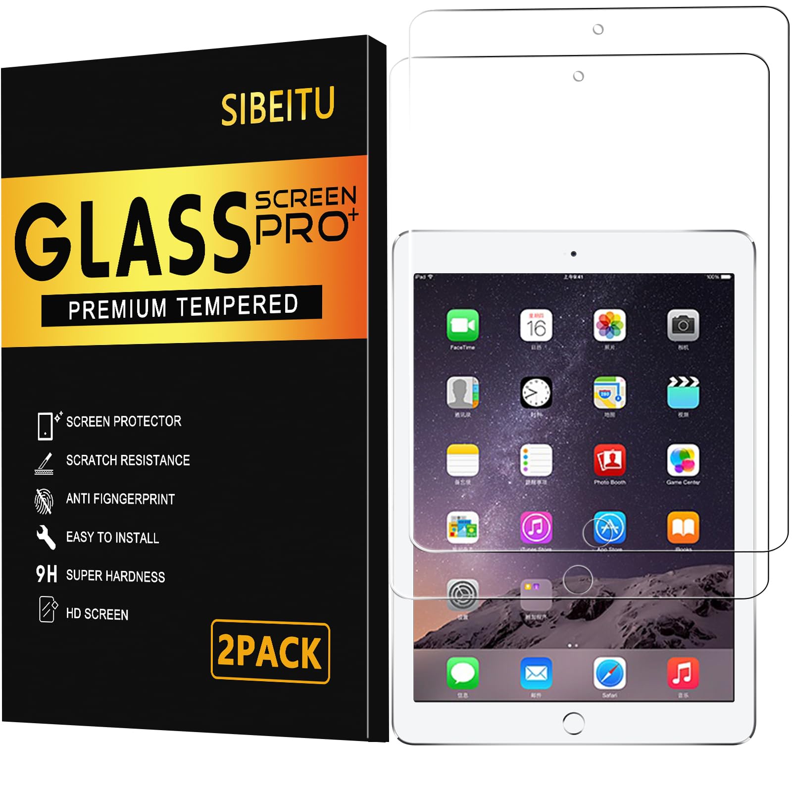 SIBEITU 2 Pack Screen Protector for iPad 6th Generation 9.7 Inch 2018 2017, HD Clear 9H Hardness Tempered Glass Film Compatible with iPad 5th/iPad Air 2/Air 1, Scratch Resistent, Touch Sensitive