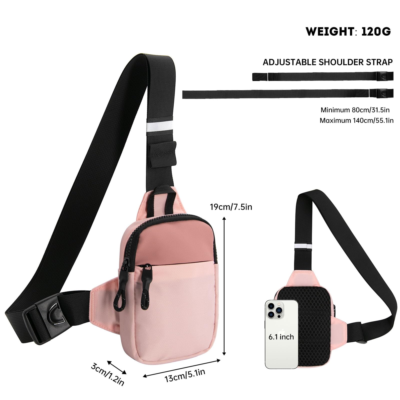 Long Keeper Mini Sling Bag - Men Women Small Waterproof Crossbody Bag Casual Phone Chest Bag for Travelling Hiking (Pink)