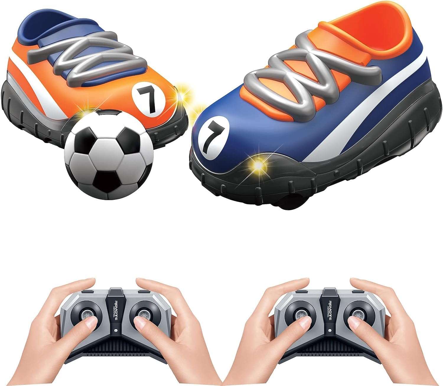 WOAEIUOS 2.4G Remote Control Car RC Football Soccer Shoes Car with LED Lights Kids Interactive Educational Toys (Orange&Blue-Set of Two Cars)