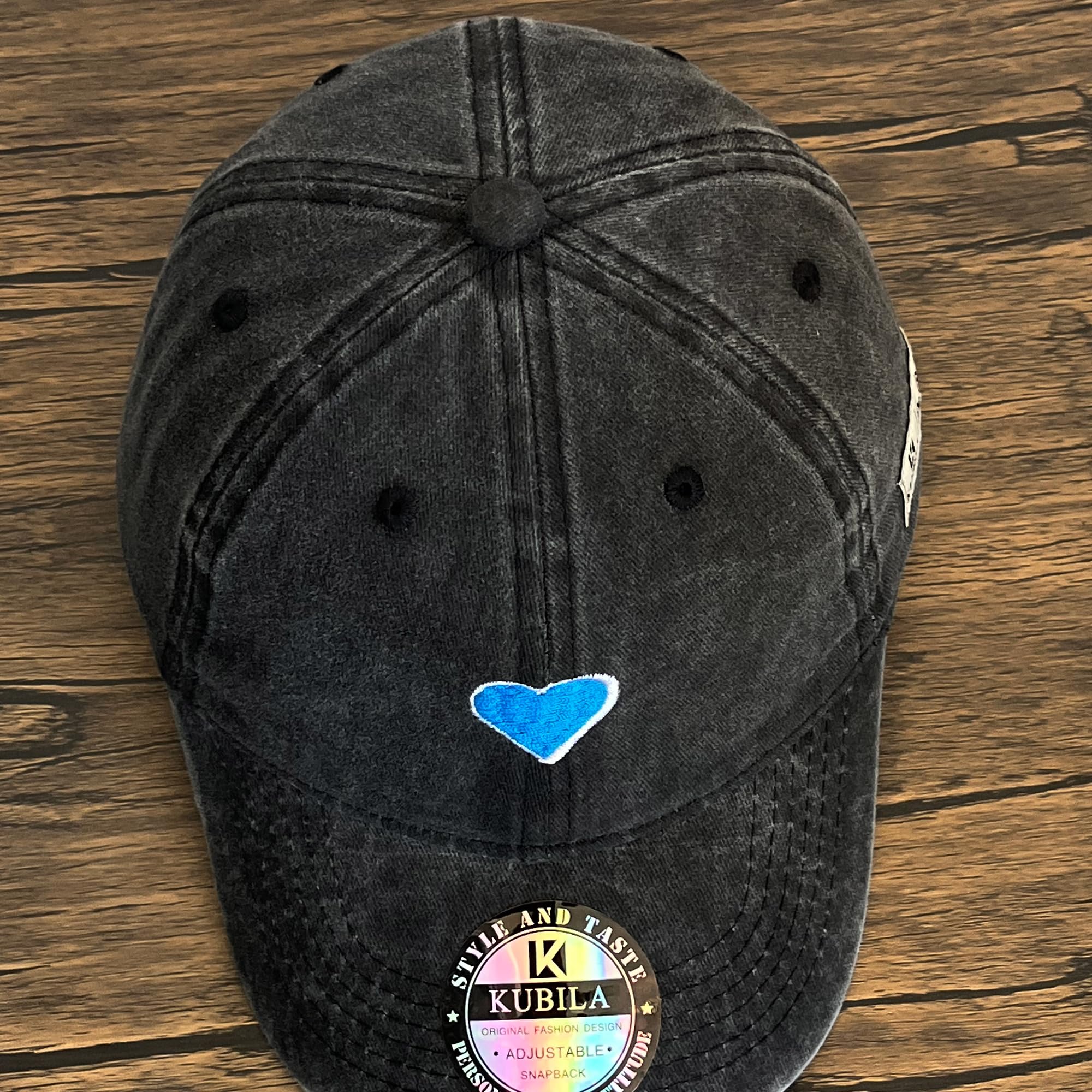 KUBILA Hand Drawn Blue Heart Hats for Women Men,Unisex Love Heart Embroidered Cotton Adjustable Snapback Baseball Cap Dad Hat Washed Black