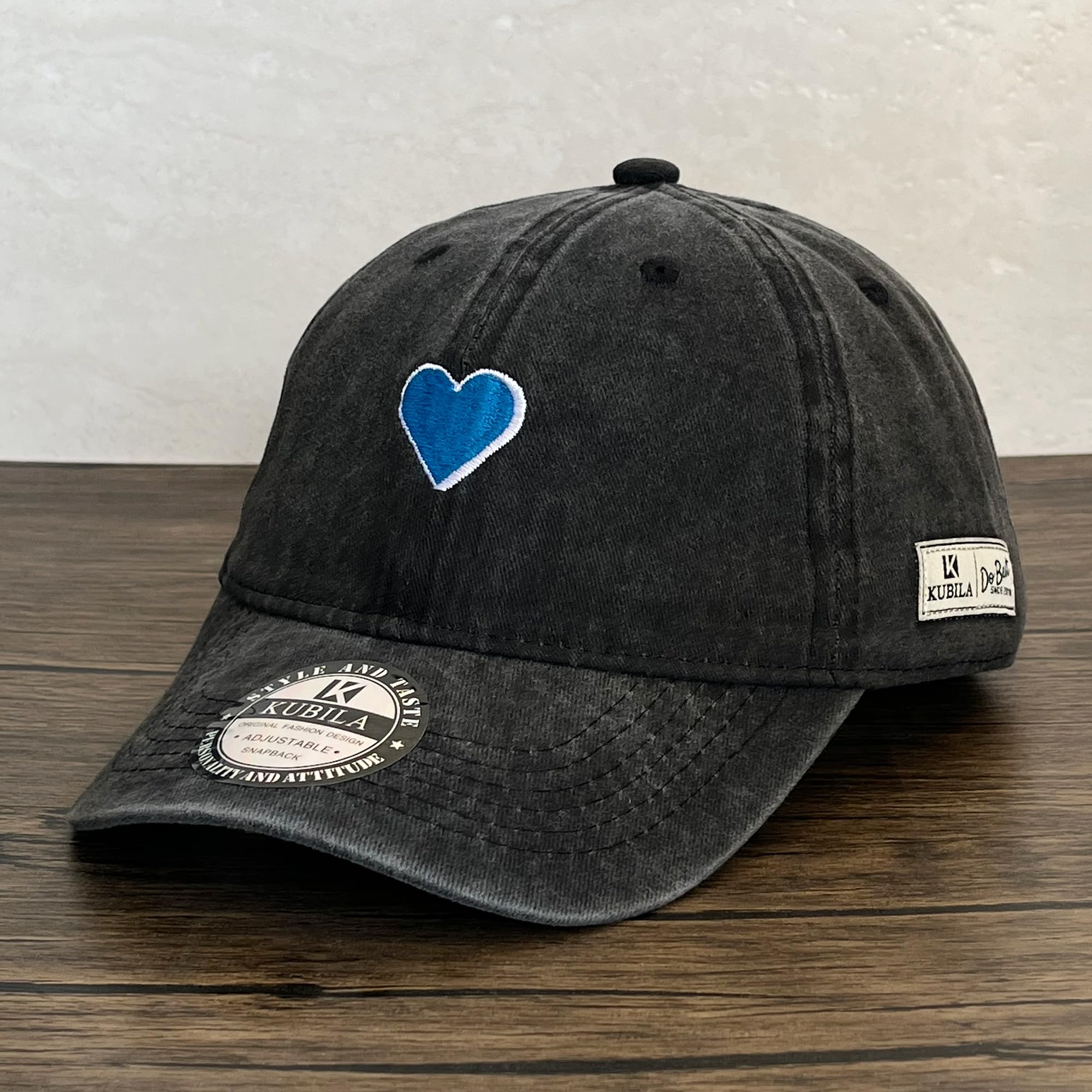 KUBILA Hand Drawn Blue Heart Hats for Women Men,Unisex Love Heart Embroidered Cotton Adjustable Snapback Baseball Cap Dad Hat Washed Black