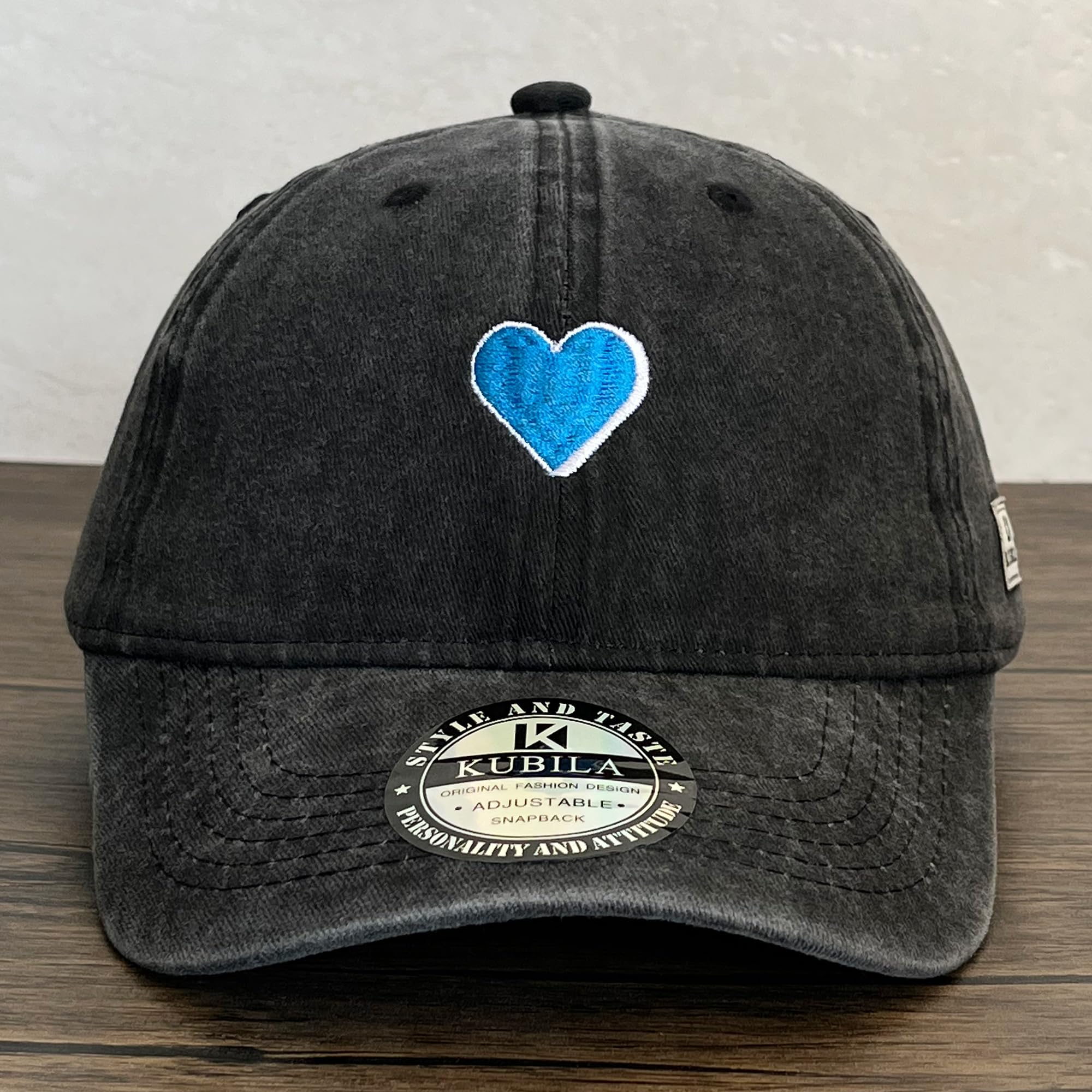 KUBILA Hand Drawn Blue Heart Hats for Women Men,Unisex Love Heart Embroidered Cotton Adjustable Snapback Baseball Cap Dad Hat Washed Black