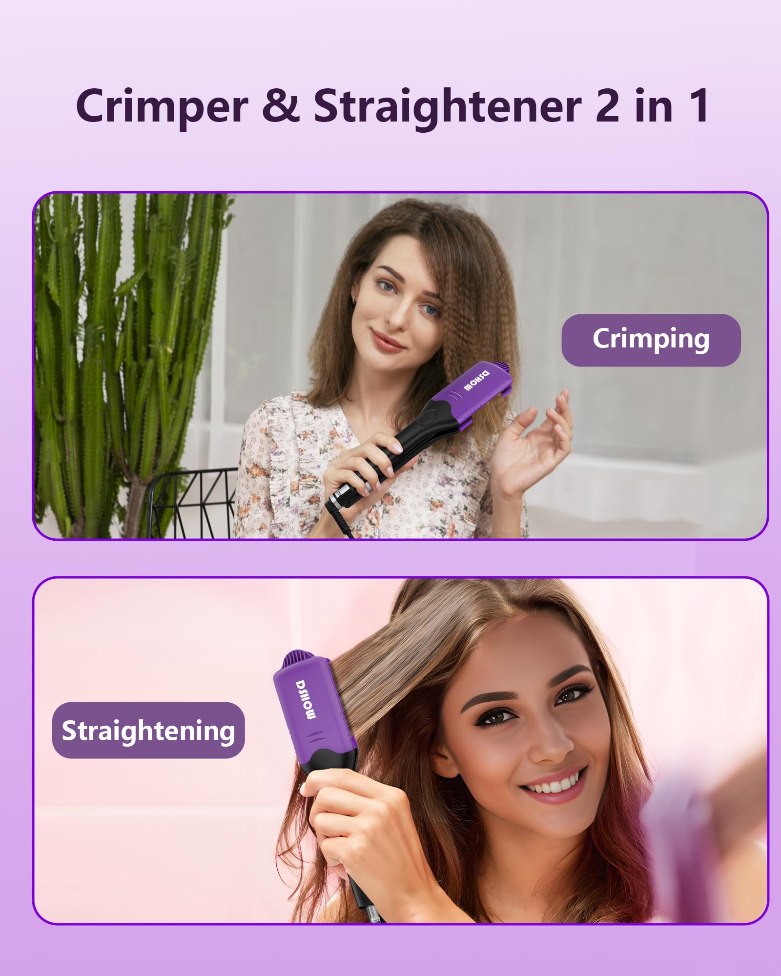 DSHOW Hair Crimper for Women with 4 Interchangeable Plates, Crimper Hair Iron Volumizing Flufft Hairstyle Crimping Iron for Hair with 5 Heat Settings & 60 Min Auto Off